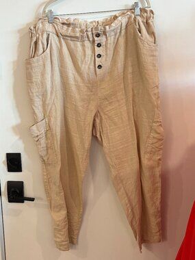 Amadi Linen Paperbag Waist Cargo Pants Button Fly Sand Made in USA Size 2X